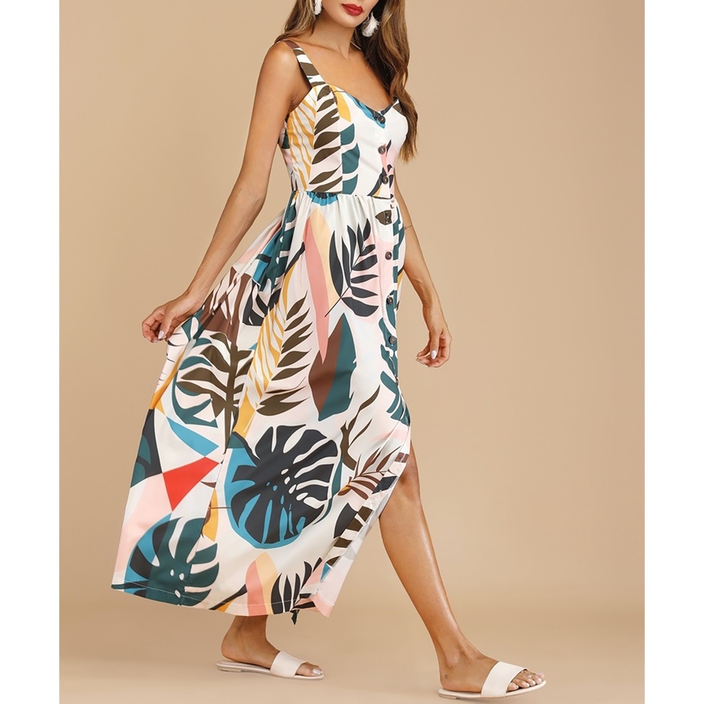 Off White Tropical Print Button Down Maxi Dress - Picture 3 of 6